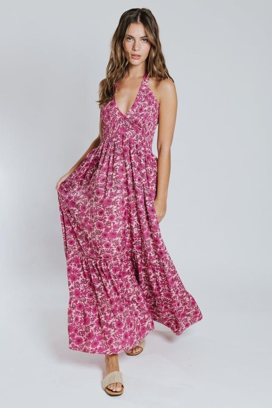 Raga Sonia Halter Dress Womens Medium Pink Floral Maxi Smocked Tiered